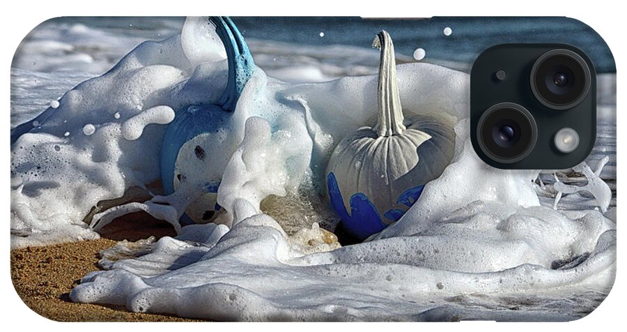 Halloween Pumpkin iPhone Case featuring the photograph Halloween Blue and White Pumpkins in the Surf by Bill Swartwout