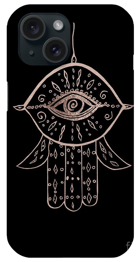 Collage iPhone Case featuring the mixed media Hamsa Hand Rose Gold on Black #1 #drawing #decor #art by Anitas and Bellas Art