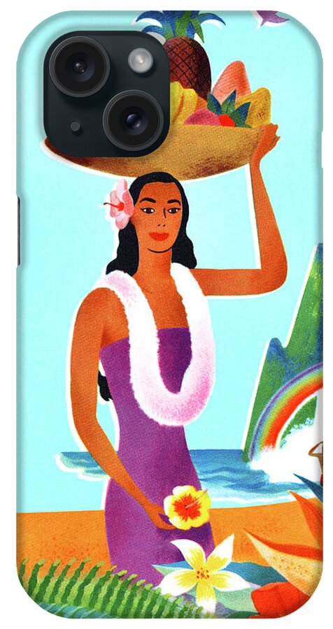 Adult iPhone Case featuring the drawing Hawaiian Woman with a Fruit Basket on Her Head by CSA Images
