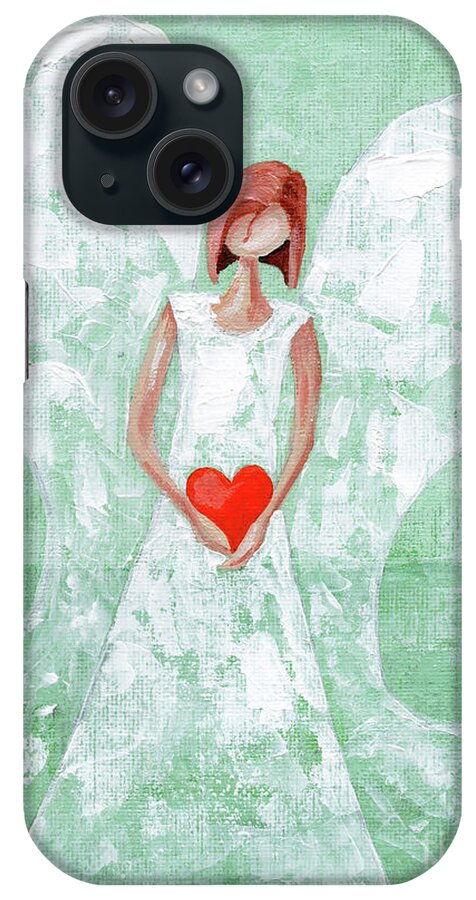 Angel iPhone Case featuring the painting Heard on High Angel - mint green heart by Annie Troe