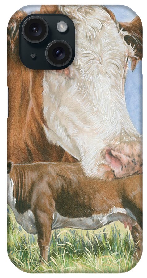 A Hereford Cow Standing In The Grass With A Close Up Portrait Of The Cows Face Above It iPhone Case featuring the painting Hereford by Barbara Keith