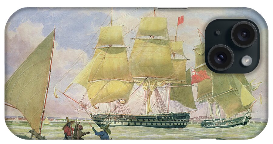 Seascape iPhone Case featuring the painting HM Ships Ganges and Sapphire off Pernambuco, 1829 by Emeric Essex Vidal