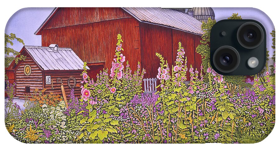 Barn With Hollyhock Gardens Around It iPhone Case featuring the painting Hollyhock Garden by Thelma Winter
