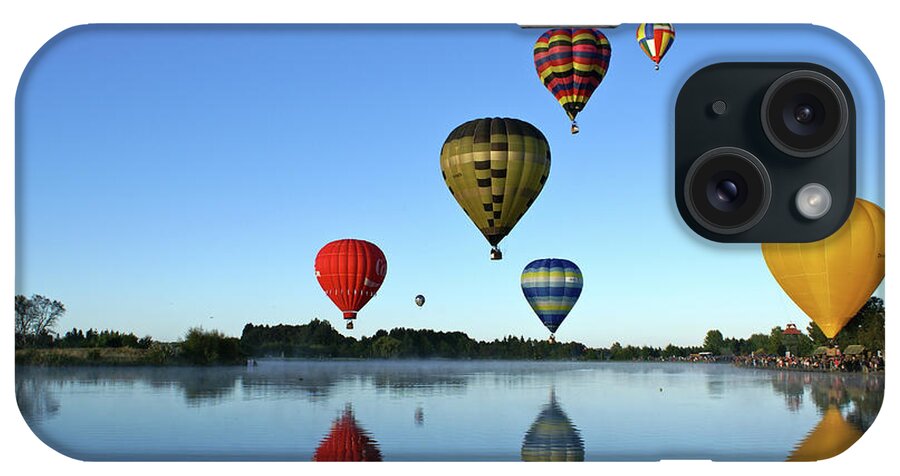 Clear Sky iPhone Case featuring the photograph Hot Air Balloons Reflected In Lake by Brenda Anderson