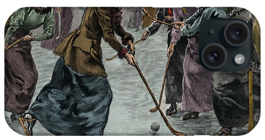 Ice Hockey iPhone Case featuring the drawing Ice Hockey Ladies match on the lake in Wimbledon Park by Arthur Hopkins