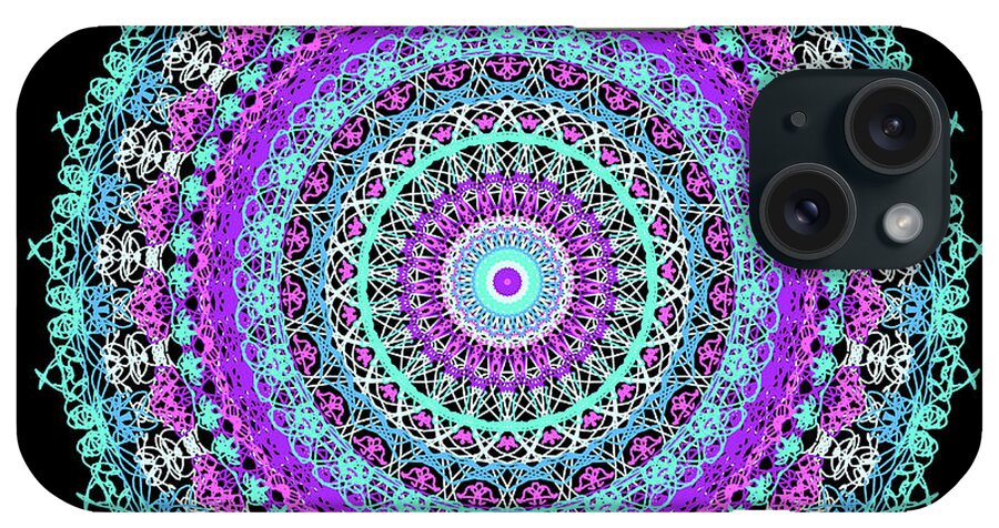 Abstract iPhone Case featuring the digital art Illustration, Complex Mandala Style Radial Rendering, Abstract Lace Flowers In Blue And Purple Tones. by Joaquin Corbalan