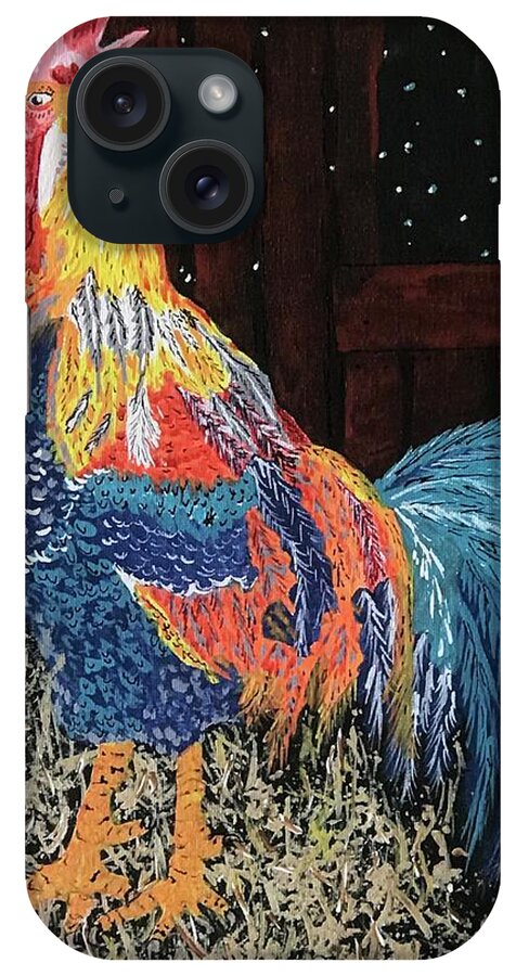Colorful Rooster iPhone Case featuring the painting In The Barn by Kathy Marrs Chandler