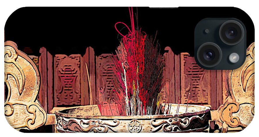 Vietnam iPhone Case featuring the digital art Incense Burn Traditional Spiritual Buddha by Chuck Kuhn