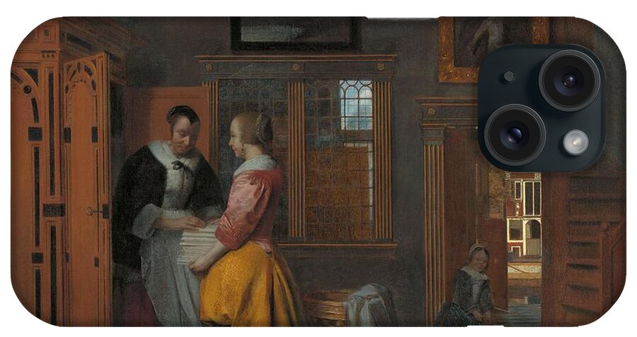 Canvas iPhone Case featuring the painting Interior with Women beside a Linen Cupboard. Interior with Women beside a Linen Chest. by Pieter De Hooch