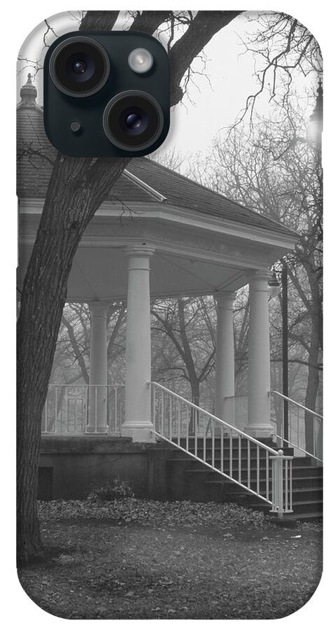 Gazebo With Lit Street Light Out Front
Black And White iPhone Case featuring the photograph Island Park 2 by Gordon Semmens