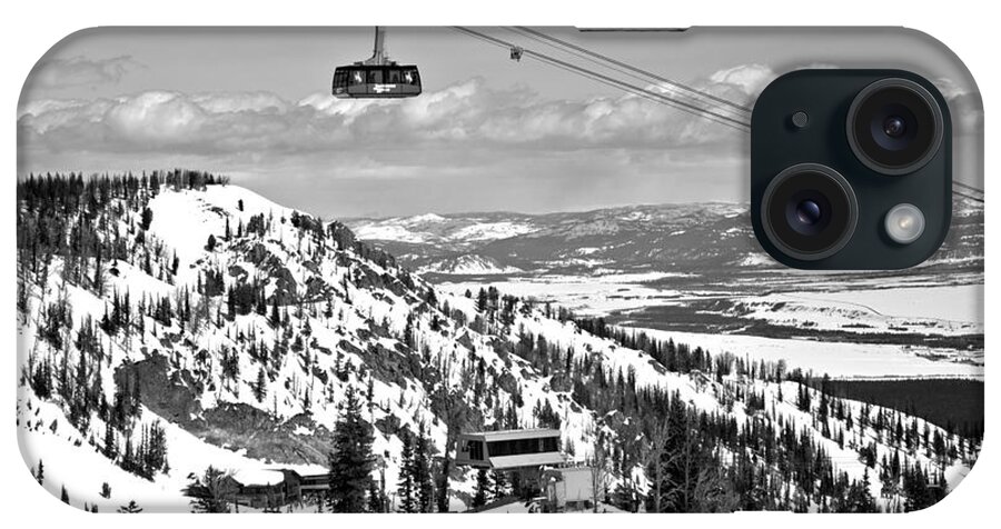 Jackson Hole iPhone Case featuring the photograph Jackson Hole Big Red Tram In The Tetons Black And White by Adam Jewell