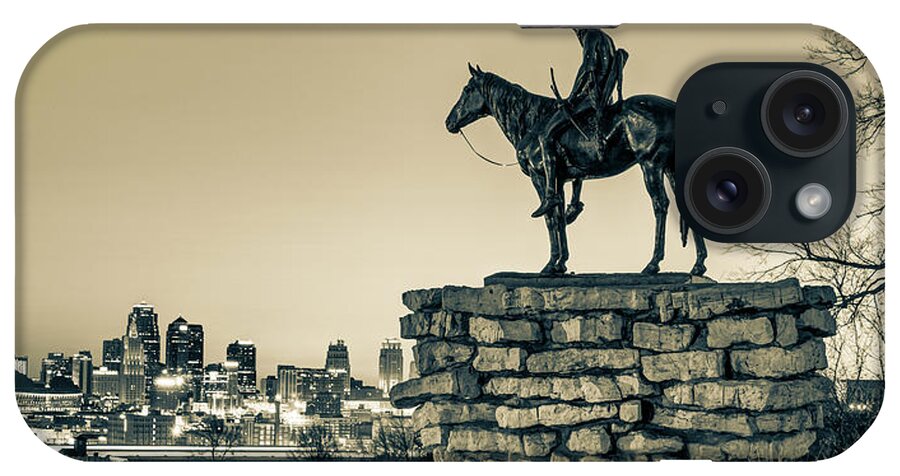 America iPhone Case featuring the photograph Kansas City Scout and Skyline Panorama - Sepia Edition by Gregory Ballos