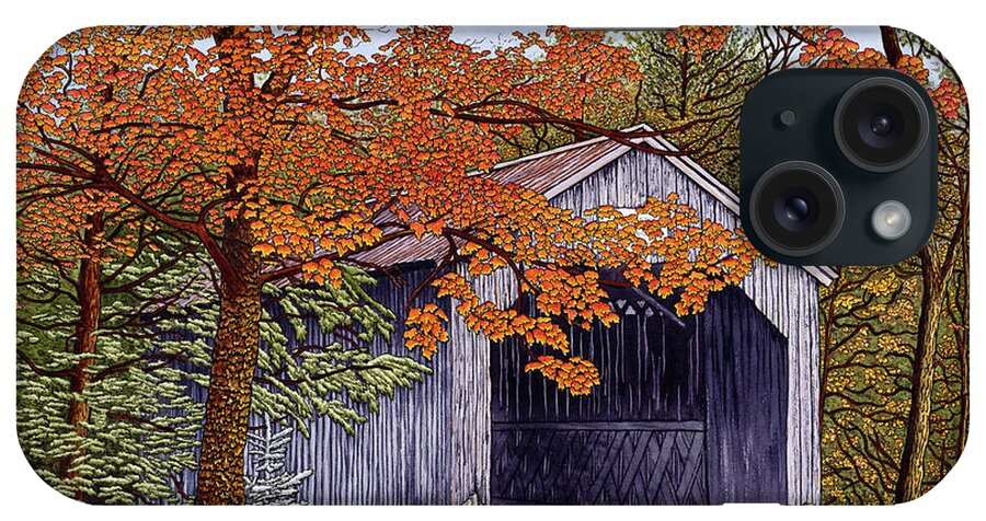 Covered Bridge With Trees Around It Changing Colors iPhone Case featuring the painting Kingsley Bridge by Thelma Winter