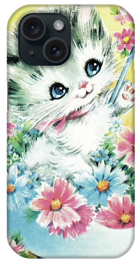 Animal iPhone Case featuring the drawing Kitten in Umbrella by CSA Images