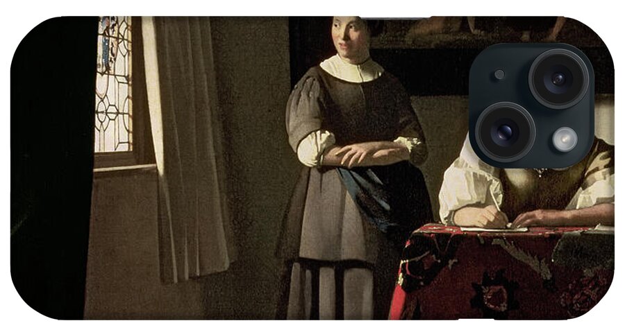 Vermeer iPhone Case featuring the painting Lady Writing A Letter With Her Maid, C.1670 by Jan Vermeer by Jan Vermeer
