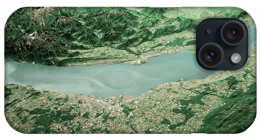 Geneva iPhone Case featuring the digital art Lake Geneva 3D Render Horizon Aerial View From North Jun 2019 by Frank Ramspott