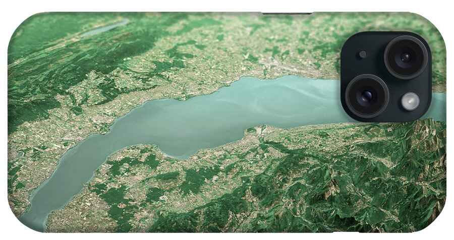 Geneva iPhone Case featuring the digital art Lake Geneva 3D Render Horizon Aerial View From South Jun 2019 by Frank Ramspott