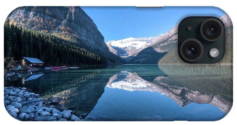 Scenics iPhone Case featuring the photograph Lake Louise Boathouse by © Copyright 2011 Sharleen Chao
