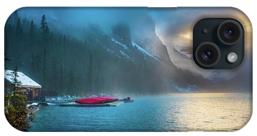 Alberta iPhone Case featuring the photograph Lake Louise Canoes in the Morning by Inge Johnsson