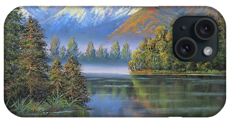 Lake Matheson Reflections iPhone Case featuring the painting Lake Matheson Reflections by John Bradley