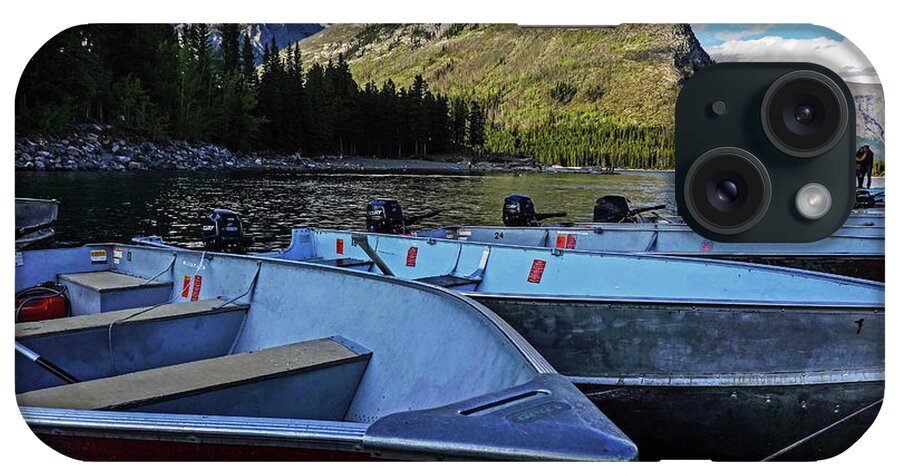 Banff iPhone Case featuring the photograph Lake Minnewanka Boats Banff National Park Alberta Canada Canadian Rockies by Toby McGuire