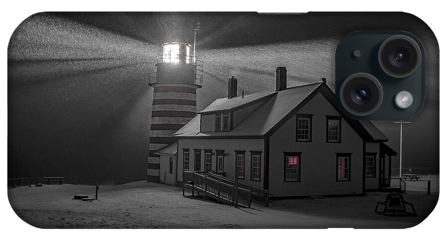 Late Night Snow Squall At West Quoddy Head Lighthouse iPhone Case featuring the photograph Late Night Snow Squall at West Quoddy Head Lighthouse by Marty Saccone