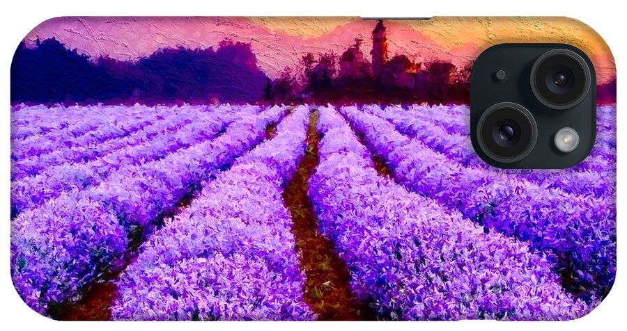 Original Composition By Breenabriggemanart ©2019 Lavender Fields Castle Sunset Sunrise Bright Colorful Whimsical Contemporary Art Wall Canvas Acrylic Painting Prints Wood Metal Tote Bags Yoga Mats Framed Giclee Gallery Towels Shower Curtains Duvet Cover Pillows Living Dining Bedroom Bathroom Business Office iPhone Case featuring the mixed media Lavender Fields Forever by Breena Briggeman