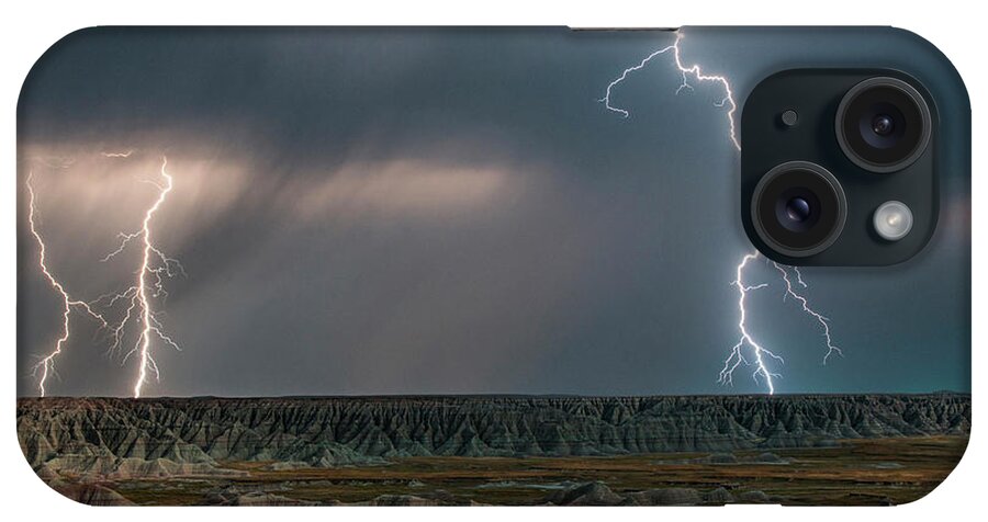 Badlands National Park iPhone Case featuring the photograph Lightning Over Badlands National Park At Night by Cavan Images