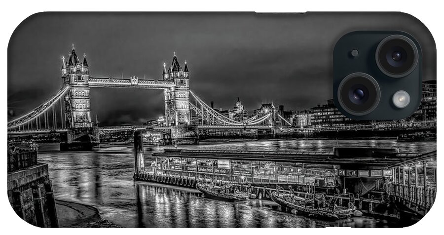 United Kingdom iPhone Case featuring the photograph London's Tower Bridge at Night, Black and White by Marcy Wielfaert
