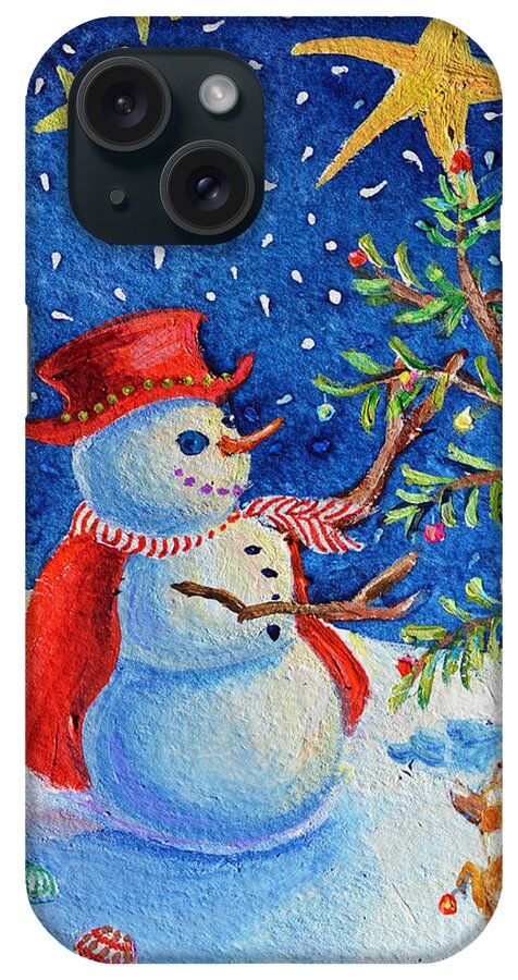 Snow Snowman Snowmen Winter Snow Snowy Star Stars Dog Puppy Pines Christmas Xmas Holiday Holidays iPhone Case featuring the painting Lonely Star by Li Newton
