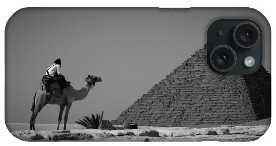 Man On A Camel By The Pyramid iPhone Case featuring the photograph Looking Back by Dan Ballard