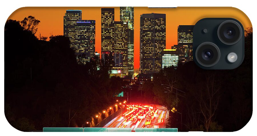Orange Color iPhone Case featuring the photograph Los Angeles Skyline At Sunset And by Davel5957