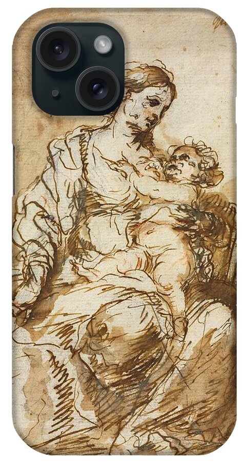 Bartolome Esteban Murillo iPhone Case featuring the painting 'Madonna Nursing the Christ Child', c. 1670, Pen and ink, 24,1 x 18,5... by Bartolome Esteban Murillo -1611-1682-