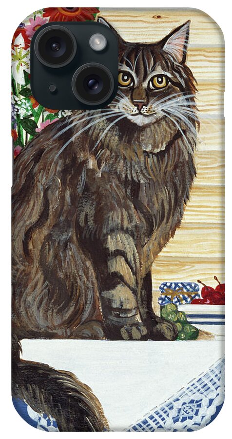 Maine Coon Cat Sitting A Table With Flowers And A Bowl Of Cherries
Domestic Cats iPhone Case featuring the painting Maine Coon Cat by Jan Panico