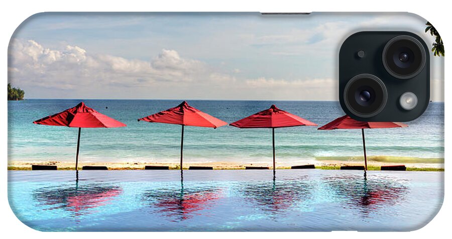 Estock iPhone Case featuring the digital art Malaysia, Sabah, Kota Kinabalu, Gaya Island (pulau Gaya), Bungaraya Island Resort. Infinity Pool And Reflection Of Beach Umbrellas by Paolo Giocoso