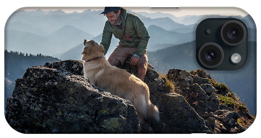 Pup iPhone Case featuring the photograph Male Hiker And Dog On Summit Of Johnson Mountain by Cavan Images
