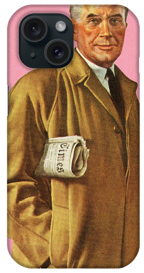 Adult iPhone Case featuring the drawing Man in Overcoat Holding Newspaper by CSA Images