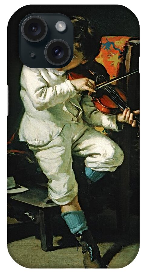Giovanni Pezzotti iPhone Case featuring the painting Manifestation of genius -boy playing violin-, oil on canvas. by Giovanni Pezzotti -1838-1911-