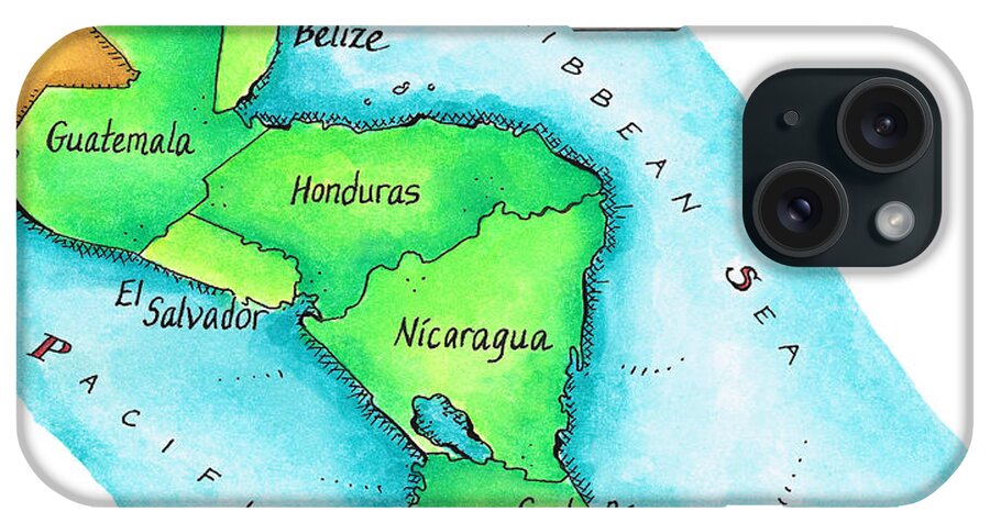 Watercolor Painting iPhone Case featuring the digital art Map Of Central America by Jennifer Thermes