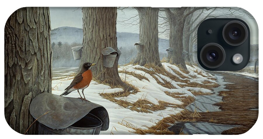 Robin Sitting On A Syrup Bucket That's Hanging On A Maple Tree iPhone Case featuring the painting March Into Spring by Wilhelm Goebel