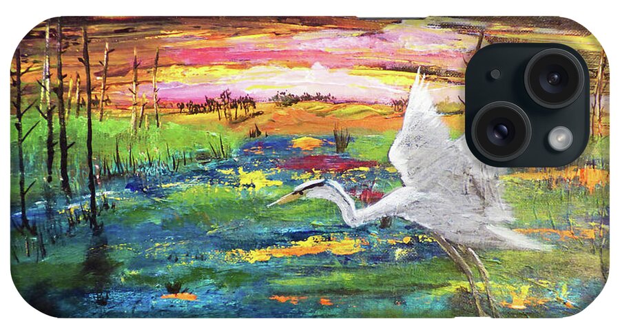 Landscape iPhone Case featuring the painting Marsh Sunset with Egret by Sharon Williams Eng