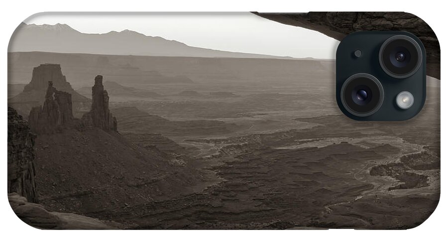 Mountain Landscape iPhone Case featuring the photograph Mesa Arch and Canyonlands Sepia Landscape by Gregory Ballos