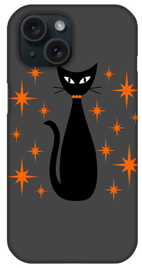 Mid Century Modern iPhone Case featuring the digital art Mid Century Cat with Orange Starbursts by Donna Mibus