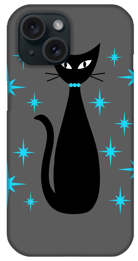 Mid Century Modern iPhone Case featuring the digital art Mid Century Cat with Turquoise Starbursts by Donna Mibus