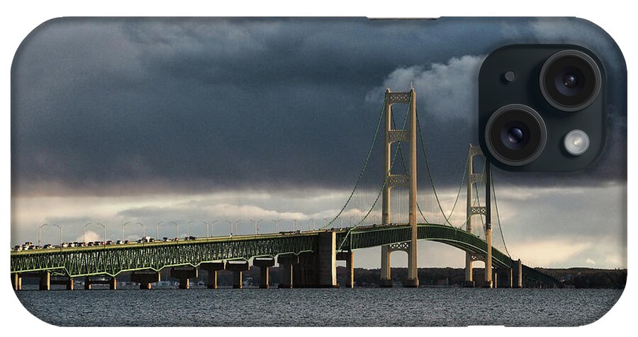 Mackinac Bridge iPhone Case featuring the photograph Mighty Mac over the Straits of Mackinac by Bill Swartwout