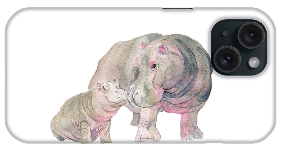 Mom And Baby Hippo iPhone Case featuring the painting Mom and Baby Hippo by Melly Terpening