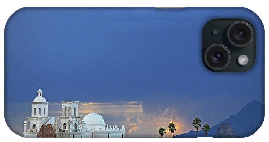San Xavier Del Bac Mission iPhone Case featuring the photograph Monsoon Skies over the Mission by Chance Kafka