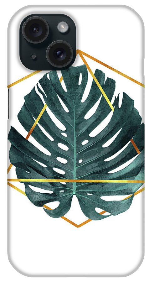 Monstera iPhone Case featuring the mixed media Monstera Leaf Pattern 3 - Tropical Leaf Pattern - Blue, Navy- Gold Geometric Shape - Modern, Minimal by Studio Grafiikka