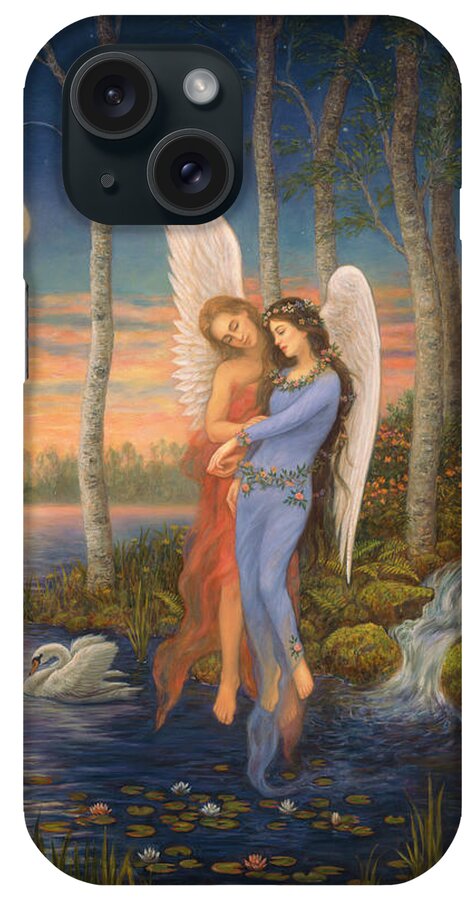 Angels Floating Over River With A Swan Behind Them iPhone Case featuring the painting Moon Light Angel by Edgar Jerins