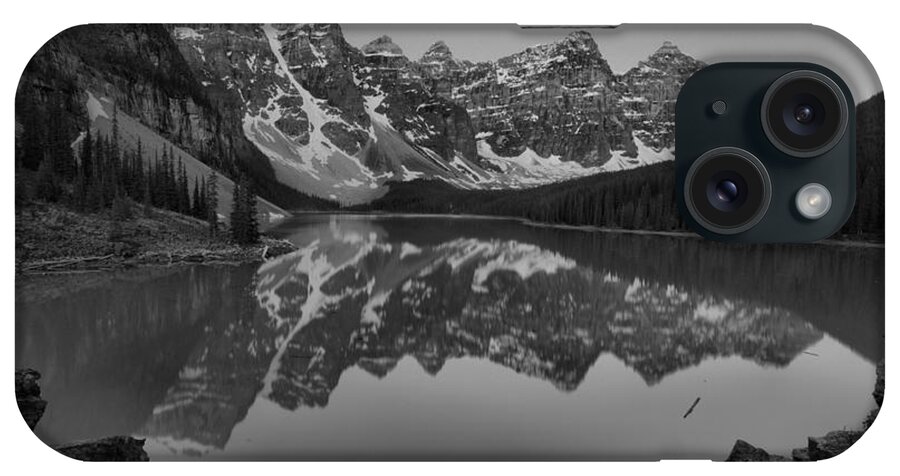 Moraine Lake Sunrise iPhone Case featuring the photograph Moraine Lake Dawn Pink Peaks Black And White by Adam Jewell